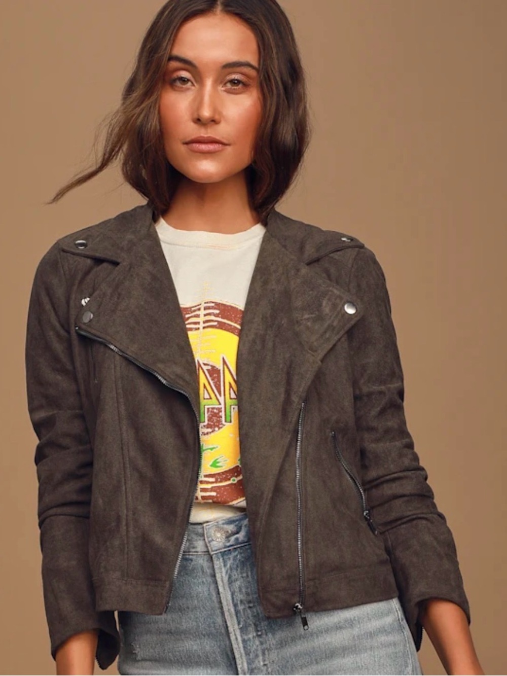 Lulus Womens Suede Moto Jacket - charcoal EXCELLENT CONDITION